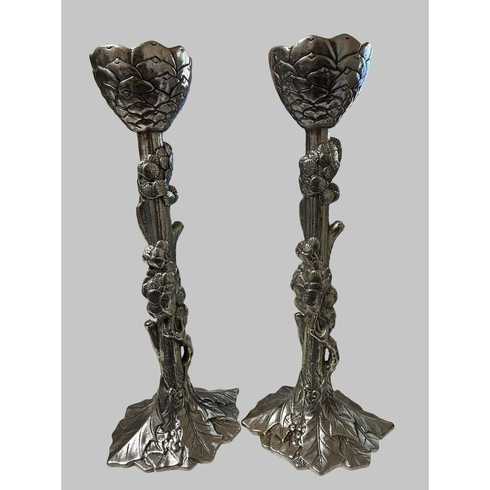 RARE ARTHUR COURT 1992 CHRISTMAS HOLLY LEAF & PINECONE CANDLE STICK HOLDERS